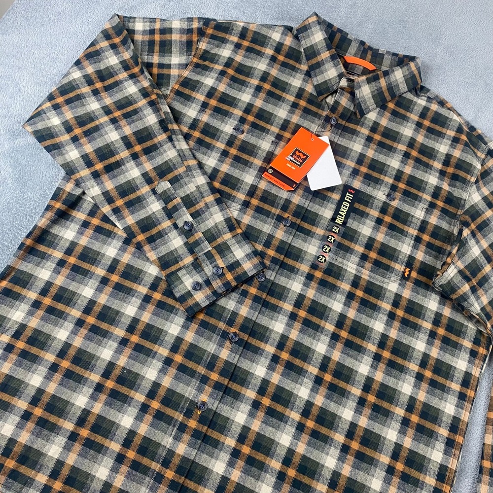 Walls Men 2XL Flannel Shirt Green Tan Plaid Relaxed Fit Midweight Outdoor Work